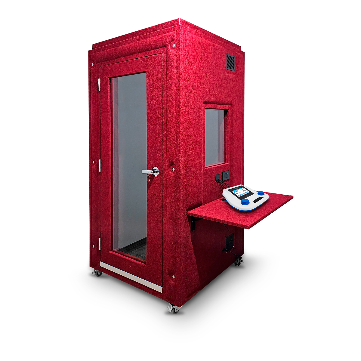 Cabina audiométrica roja con ventana y puerta de vidrio y con un audiómetro sobre el tablero