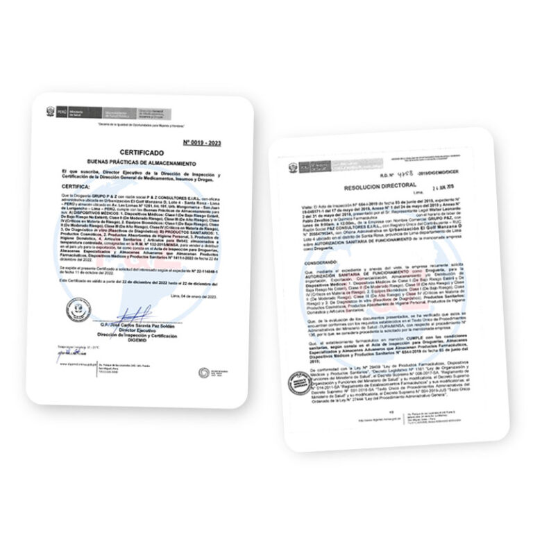 certificados de Drogueria PYZ autorizados por Digemid y certificado de Buenas prácticas de almacenamiento.