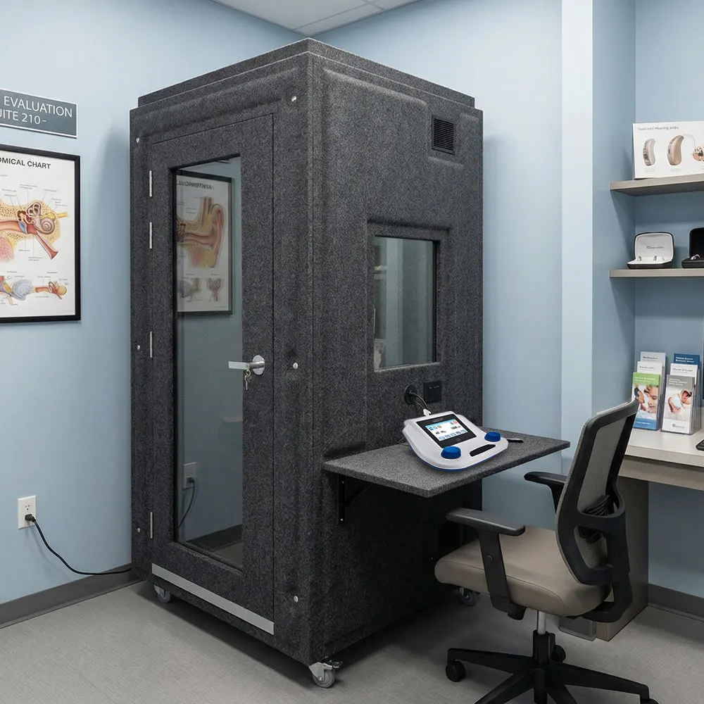 consultorio de auriculares medicos, al centro se ve una cabina negra de P&Z, junto con la cabina hay un audiometro