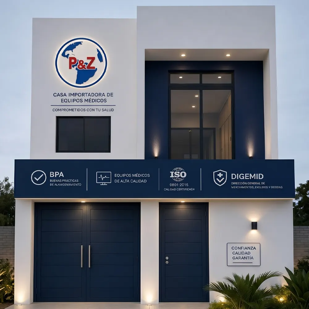 edificio de color azul con paredes blancas, al frente tiene el logo de PYZ